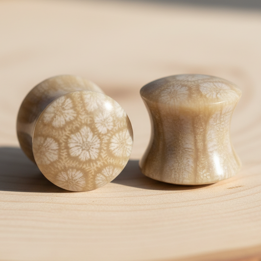 Hand Carved Fossilized Coral Ear Plugs - Violet Musk and Iridescent Tan - 11mm / 000g