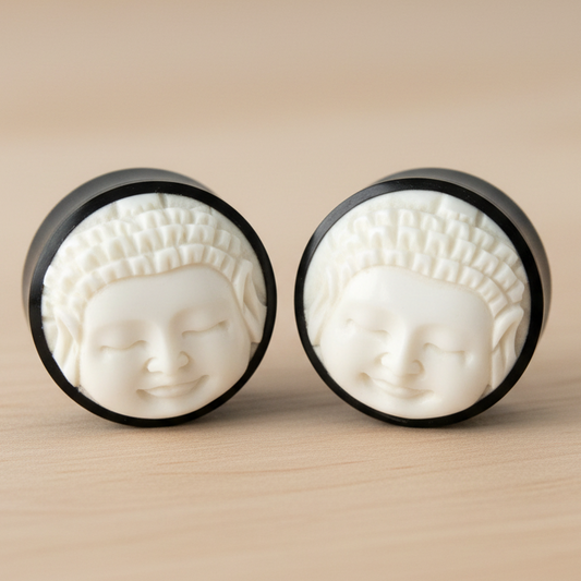 Hand Carved Buddha - Bone & Wood - 18mm - 11/16" Gauge Ear Plugs