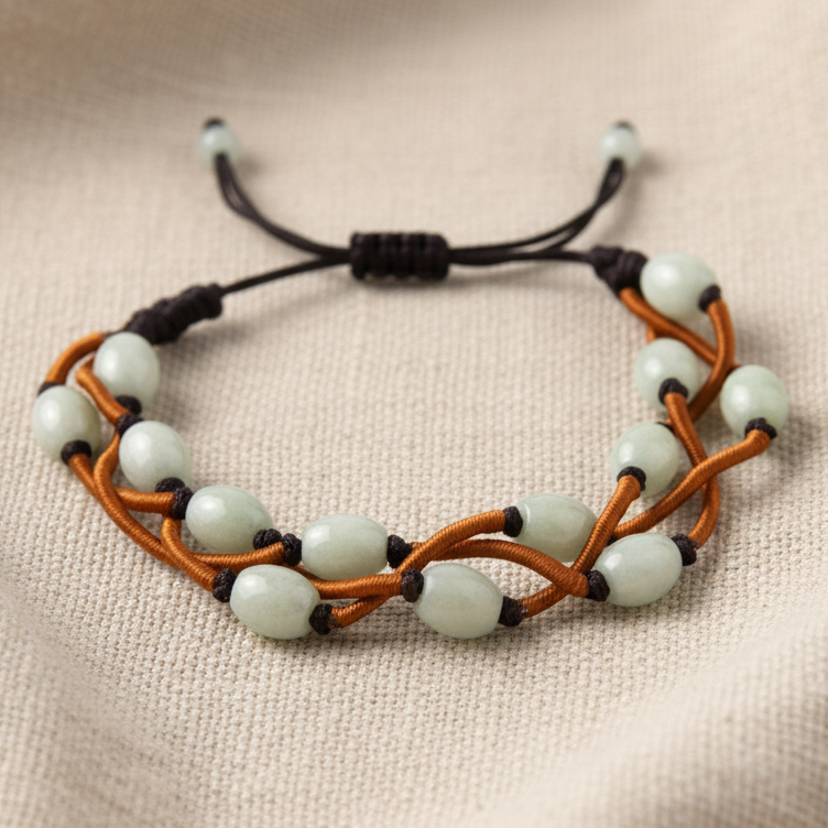 Deep Brown Adjustable Bracelet with Woven Copper Tri Strand and Jade Stone Beads