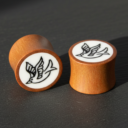 Hand Carved Resin & Wood Sparrow Ear Plugs