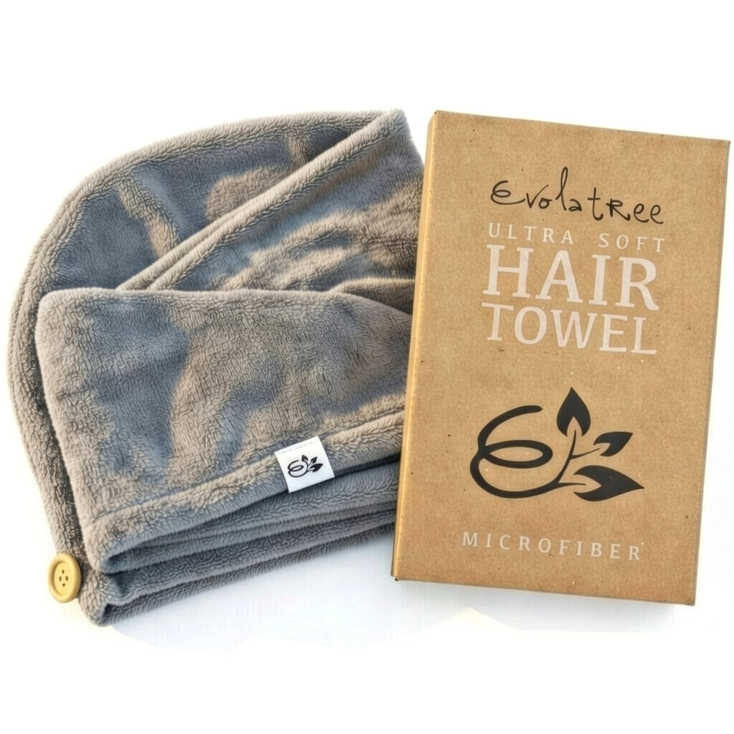 Evolatree Quick-Dry Microfiber Hair Towel Wrap with Wooden Button – Grey