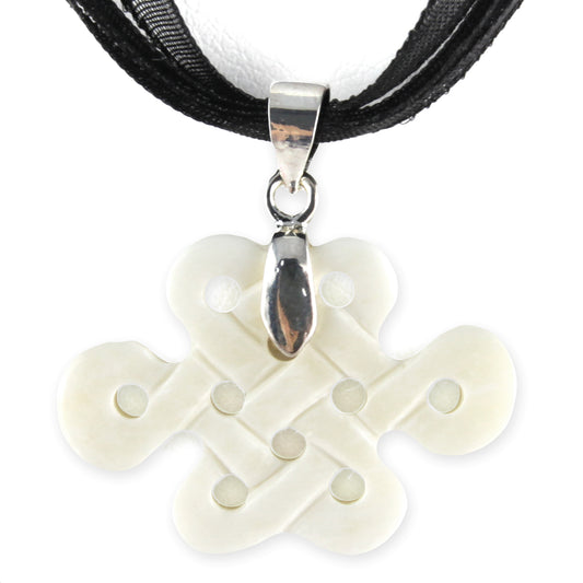 Hand Carved Small Good Luck Knot Pendant - Bone Pendant - Black Ribbon Necklace – Evolatree Jewelry