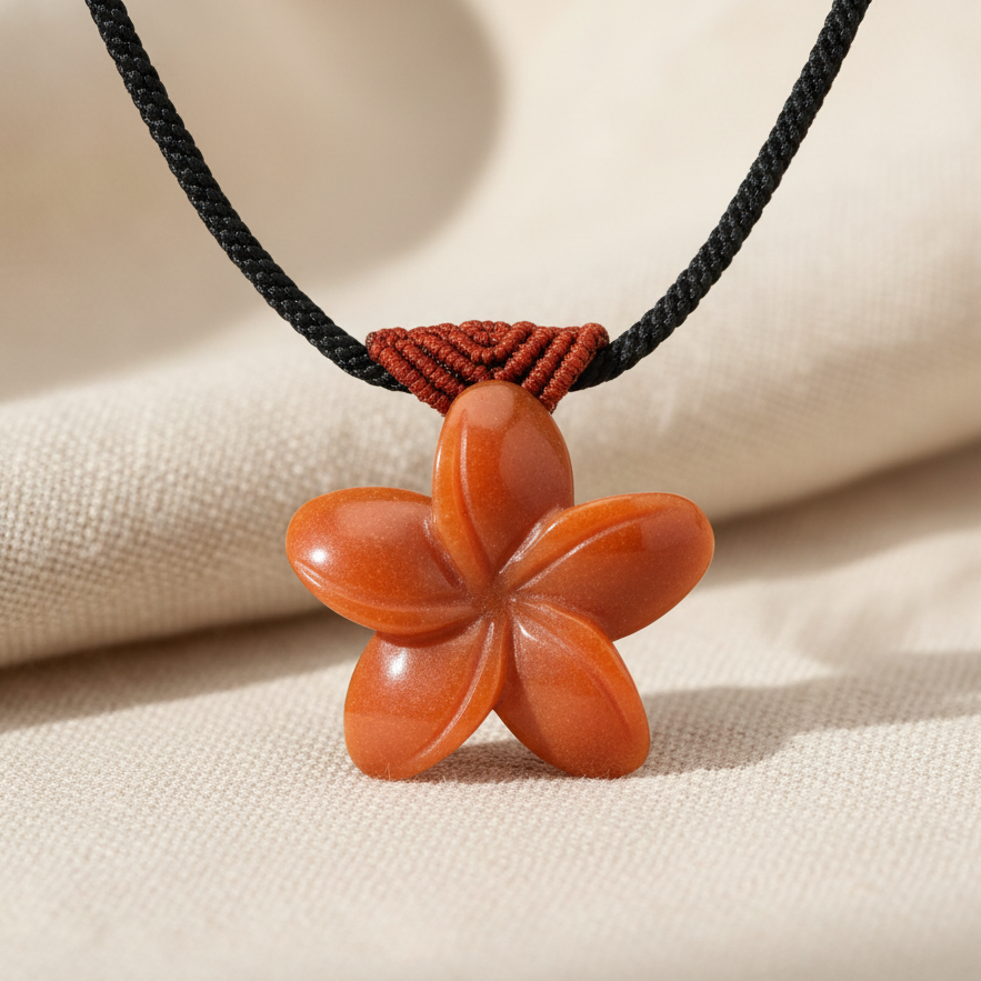 Carved Natural Stone Flower Pendant - Black Woven Necklace