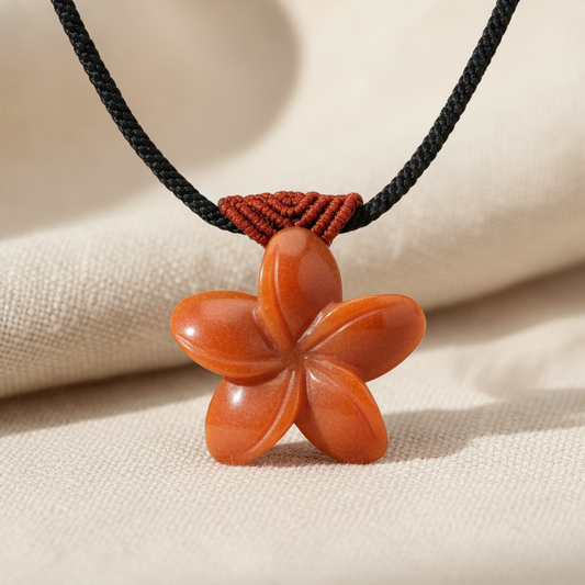 Carved Natural Stone Flower Pendant - Black Woven Necklace