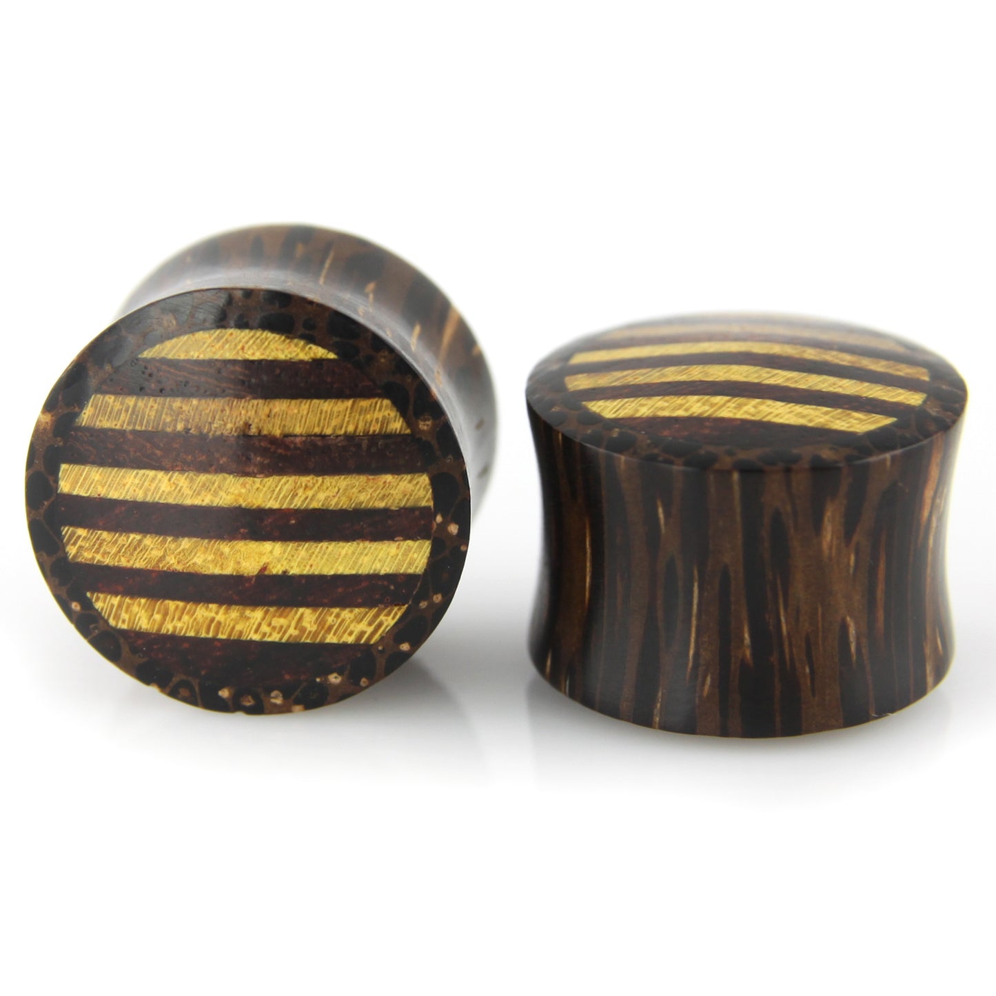 Hand Carved Wood Stripes Ear Plugs – image 3 – Evolatree Jewelry