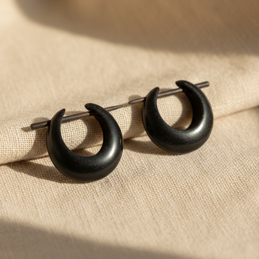 Hand Carved Horn Small Black Brown Hoop with Pin Hoop Earrings