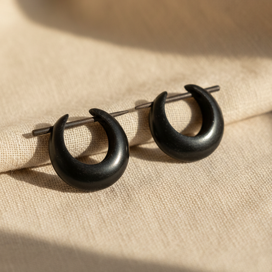 Hand Carved Horn Small Black Brown Hoop with Pin Hoop Earrings