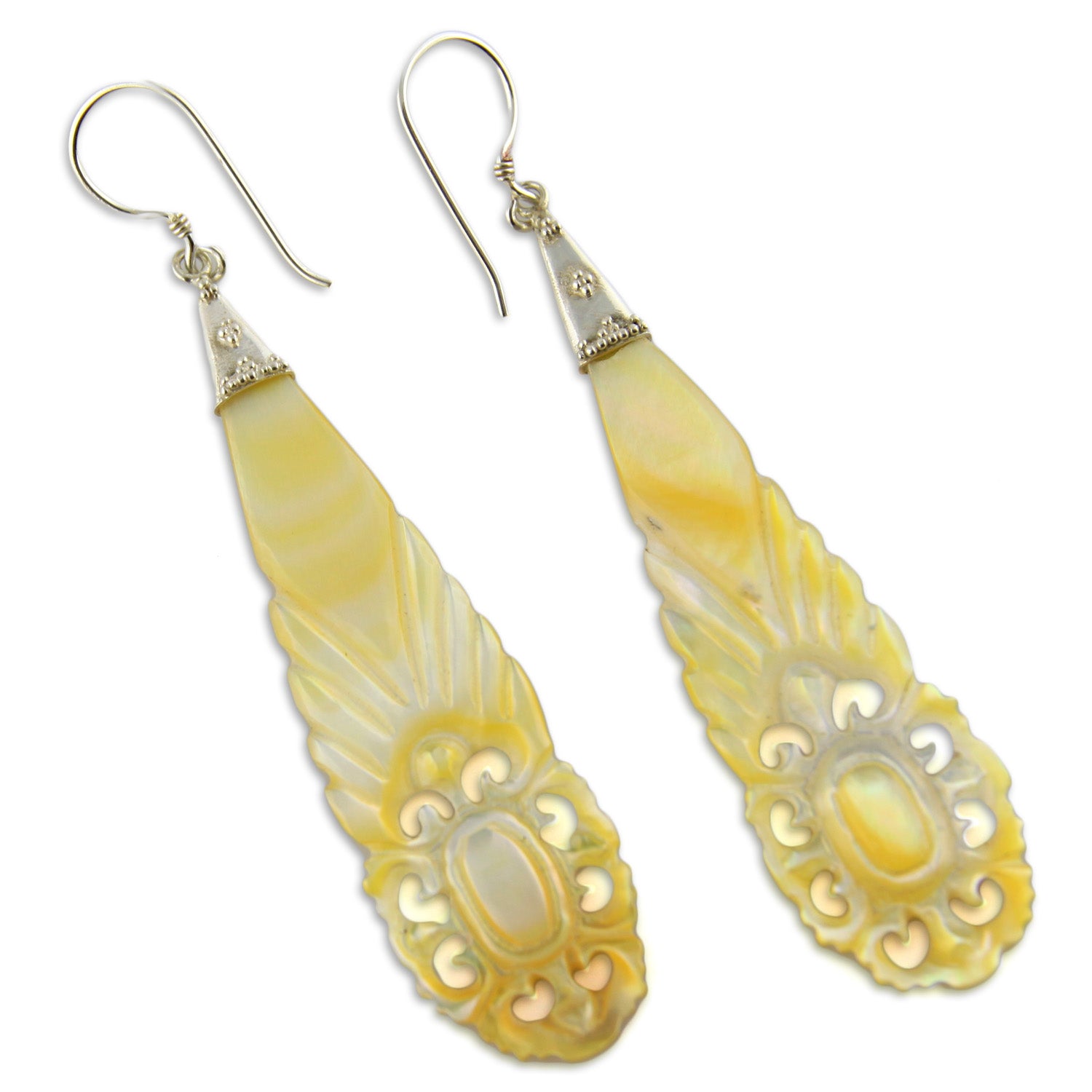 Hand Carved Shell Floral Teardrop Crest - and Silver Earrings – image 2 – Evolatree Jewelry