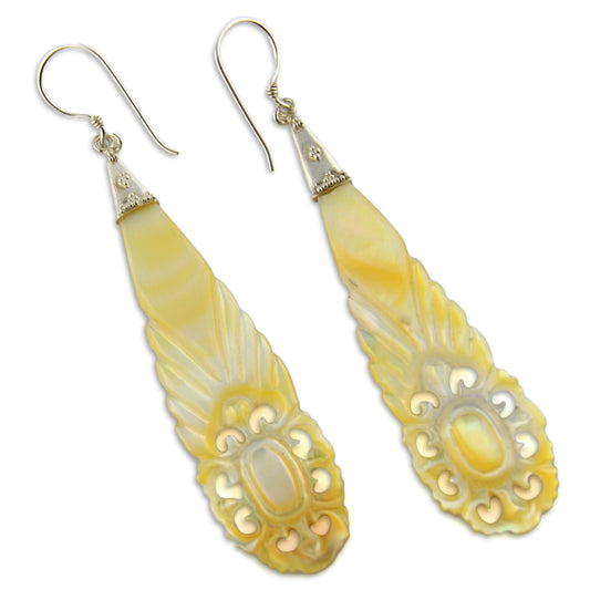 Hand Carved Shell Floral Teardrop Crest - and Silver Earrings – image 2 – Evolatree Jewelry