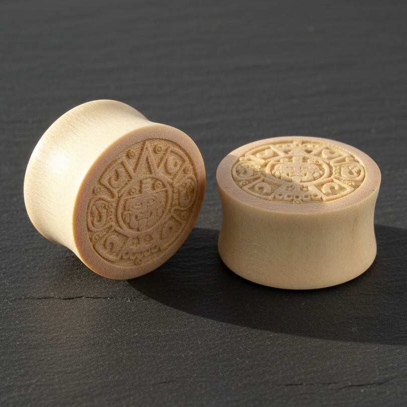 Hand Carved Wood Mayan Quetzalcoatl Ear Plugs