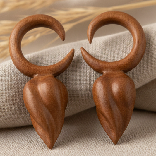 Hand Carved Saba Wood Spiral Drop Ear Plugs