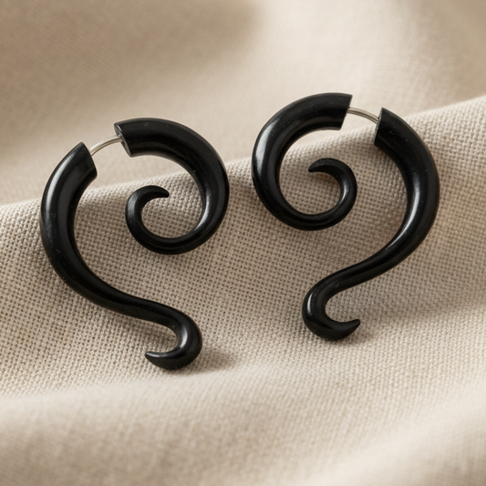 Hand Carved Horn Tribal Spiral Flare Hook Earrings - Steel Posts