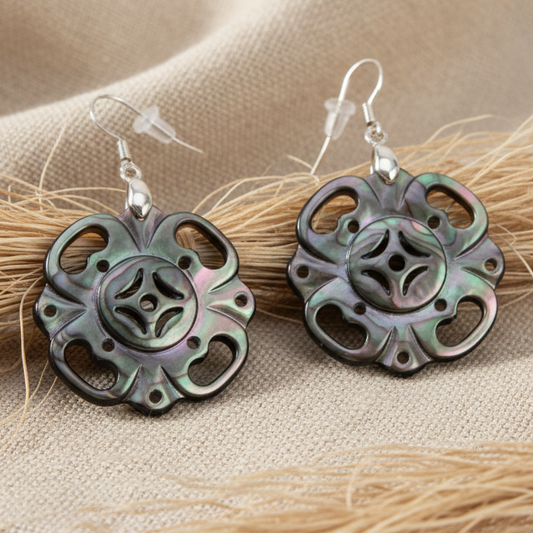 Floral Carved Mother of Pearl Shell Hook Earrings