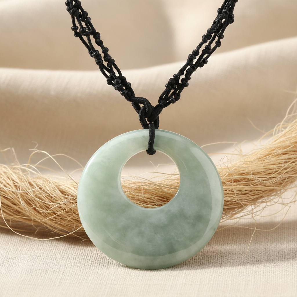 Crescent Moon Stone Pendant - Black Beaded Woven Necklace