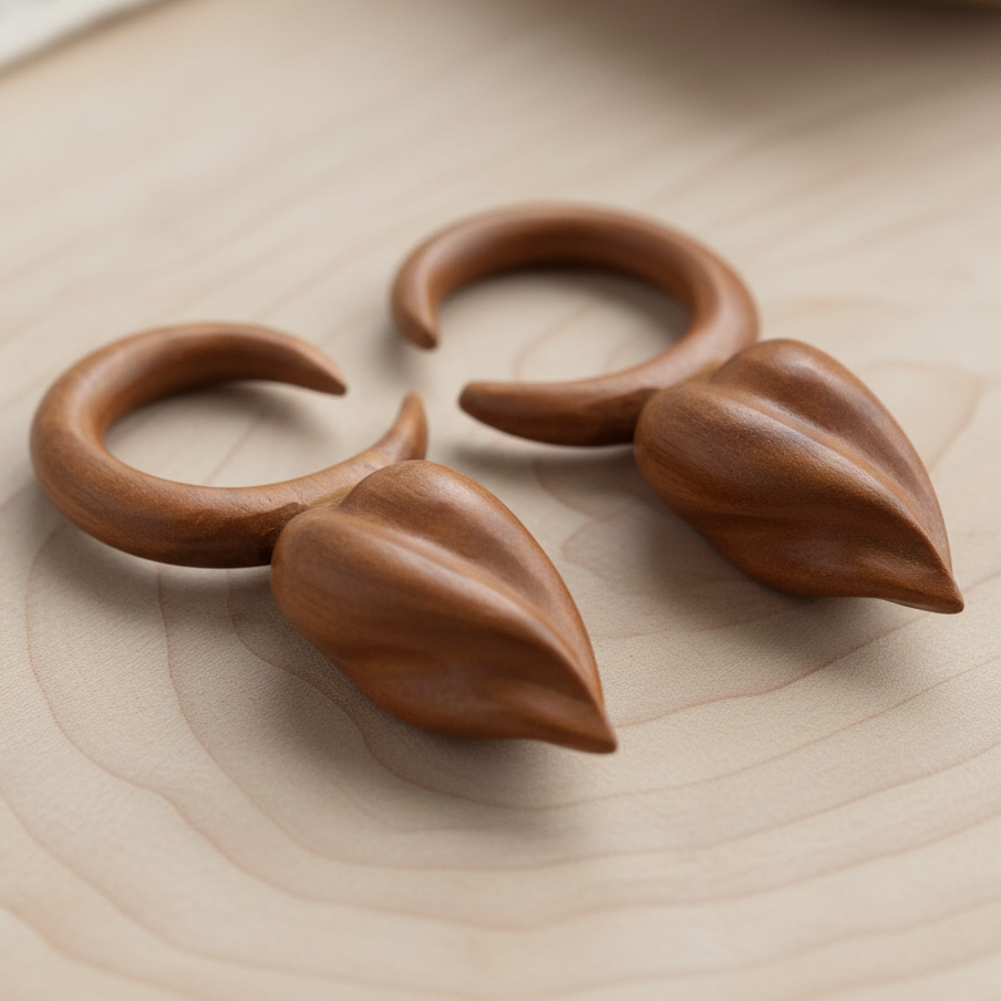 Hand Carved Saba Wood Spiral Drop Ear Plugs