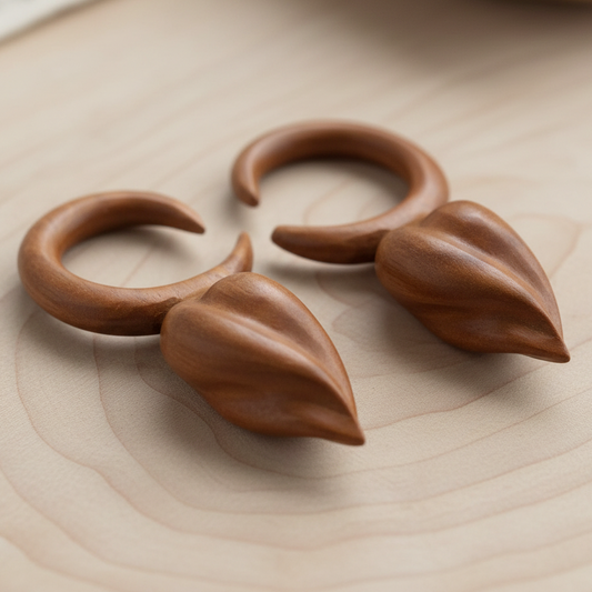 Hand Carved Saba Wood Spiral Drop Ear Plugs
