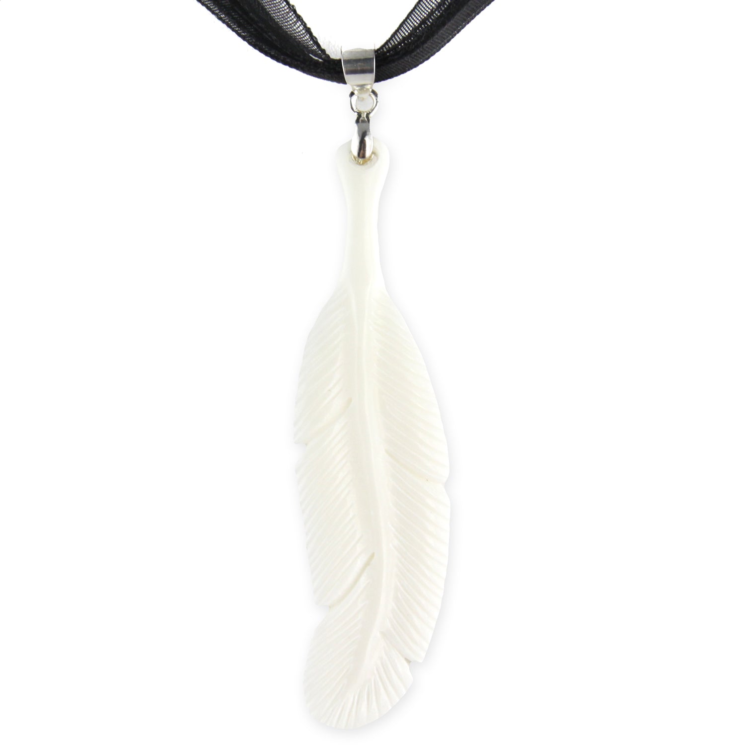 Hand Carved Sacred Feather Pendant - Bone Pendant - Black Ribbon Necklace – Evolatree Jewelry