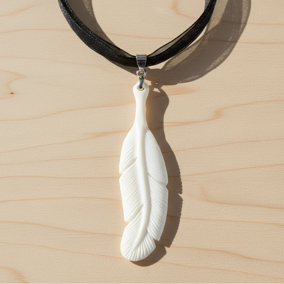 Hand Carved Sacred Feather Pendant - Bone Pendant - Black Ribbon Necklace