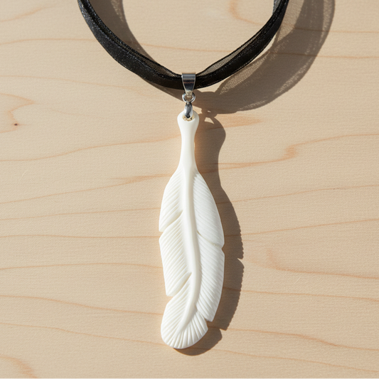 Hand Carved Sacred Feather Pendant - Bone Pendant - Black Ribbon Necklace