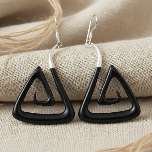 Triangle Spiral - Ox Horn & Silver Earrings