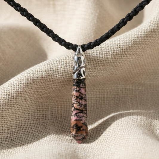 Marble Cut Stone Leafy Fitting Pendant with Black Woven Necklace