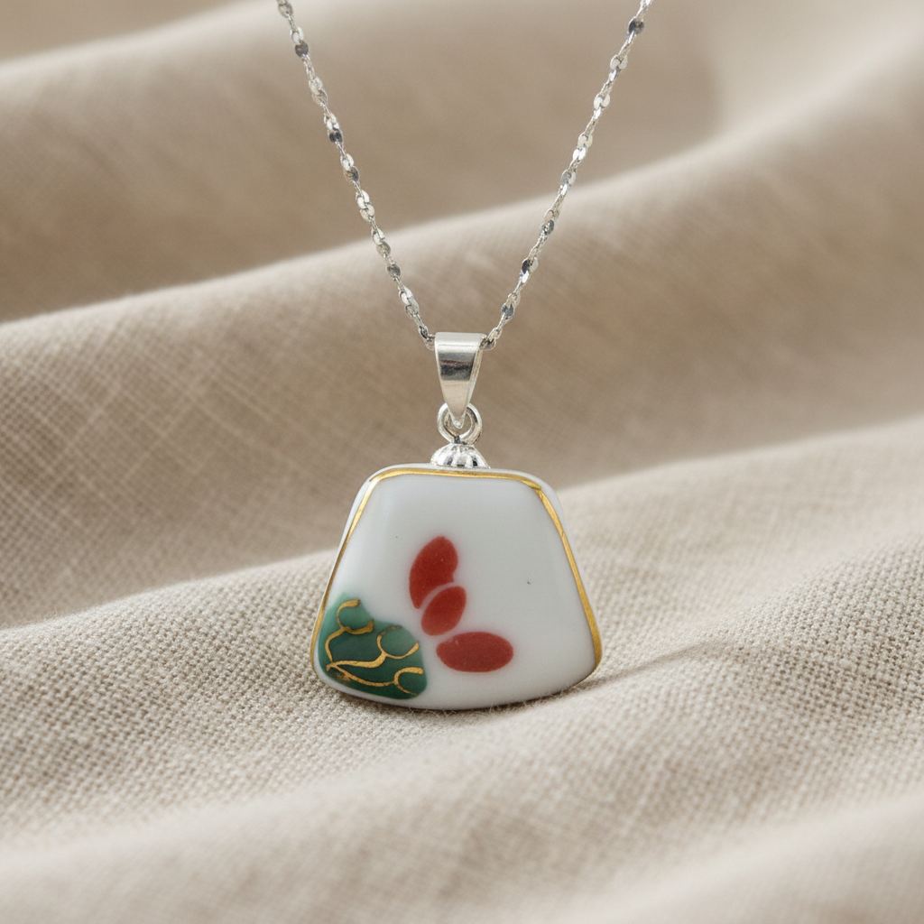 Hand Painted Ceramic - Silver Pendant Necklace