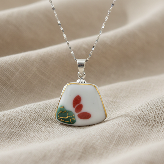 Hand Painted Ceramic - Silver Pendant Necklace