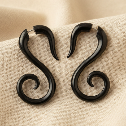 Hand Carved Horn Deep Brown Black Tribal Swirl Earrings - Steel Posts