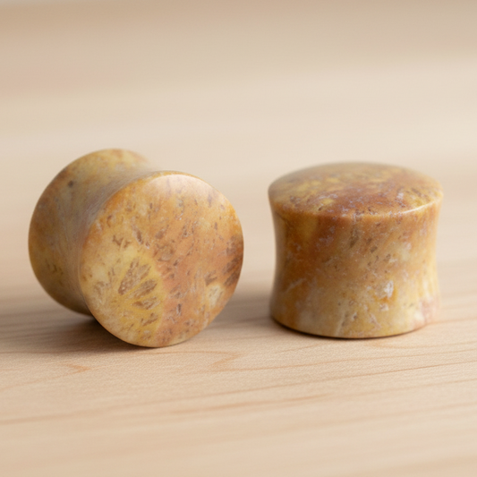 Hand Carved Fossilized Coral Ear Plugs - Rose and Tan Hue - 14mm / 9/16