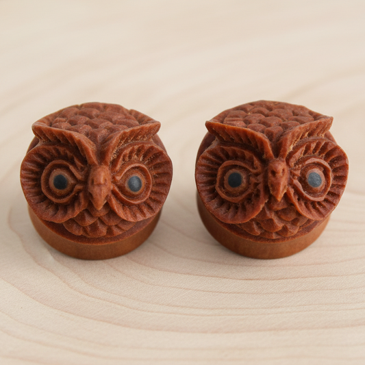 Hand Carved Owl Face Ear Plugs