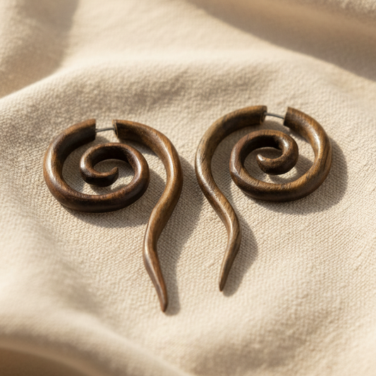 Hand Carved Wood Spiral Earrings - Steel Posts
