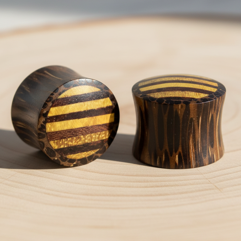 Hand Carved Wood Stripes Ear Plugs