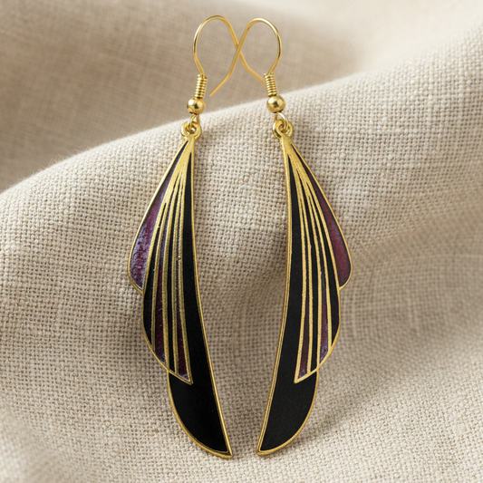 Gold Colored - Black & Red - Art Deco Cloisonne Hook Earrings