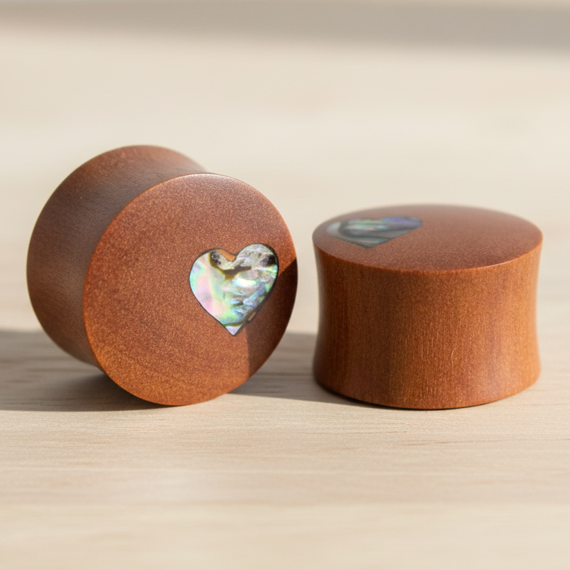 Hand Carved MOP & Wood Heart Ear Plugs