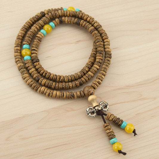 Textured Wood & Yellow Turquoise Offset Mala Necklace – Evolatree Jewelry