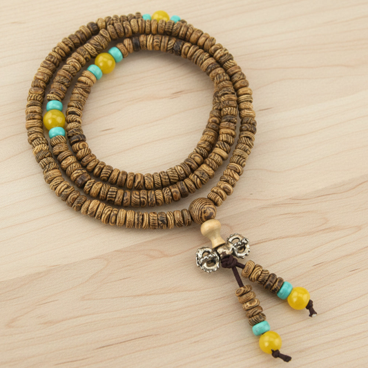 Textured Wood & Yellow Turquoise Offset Mala Necklace