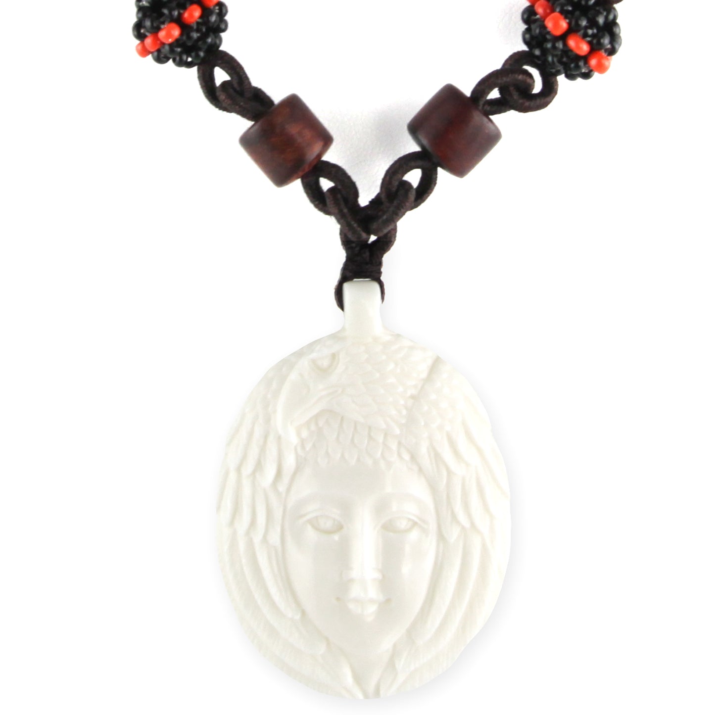 Hand Carved Spirit Eagle & Face Pendant - Bone Pendant - Wood Beaded Necklace – Evolatree Jewelry