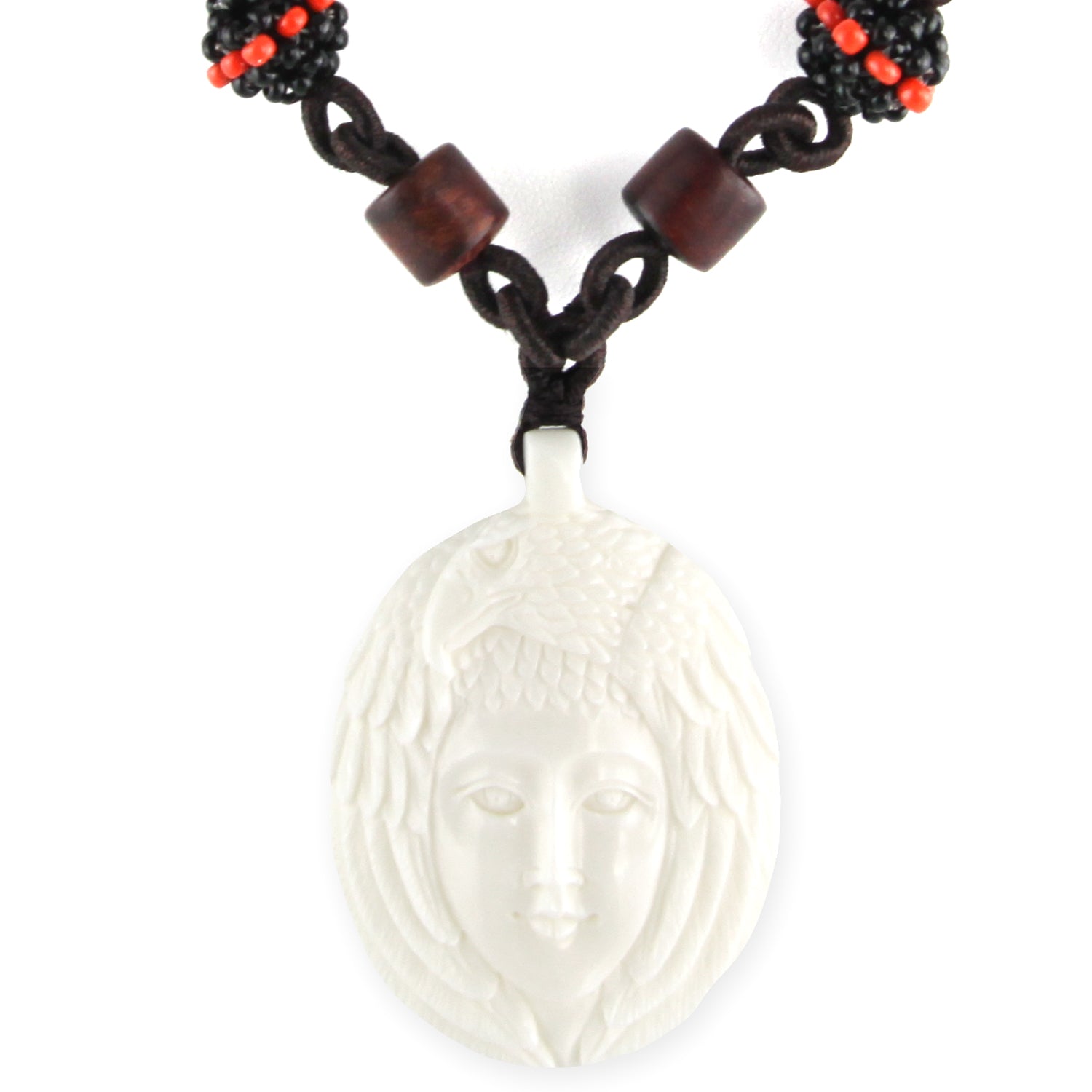 Hand Carved Spirit Eagle & Face Pendant - Bone Pendant - Wood Beaded Necklace – Evolatree Jewelry