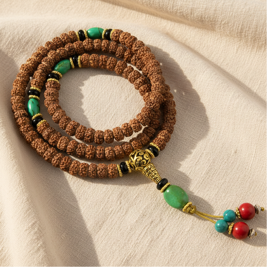 Rudraksha Seed & Green Stone Mala Necklace