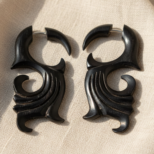 Hand Carved Horn Tribal Filigree Hook Earrings - Steel Posts