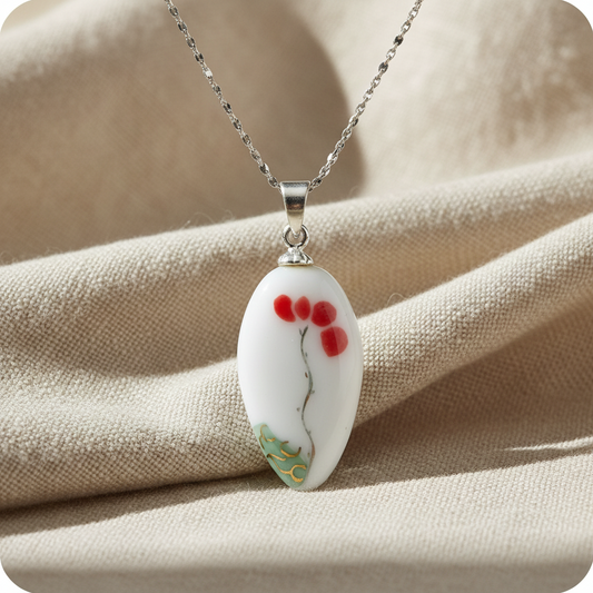 Hand Painted Ceramic - Silver Pendant Necklace