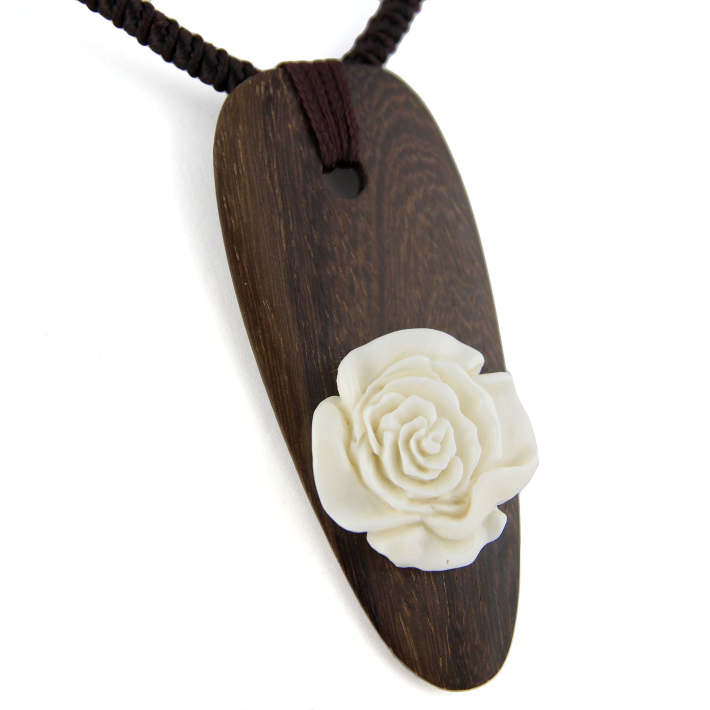 Hand Carved Bone Rose on Wood Spear Head Pendant Necklace – image 2 – Evolatree Jewelry