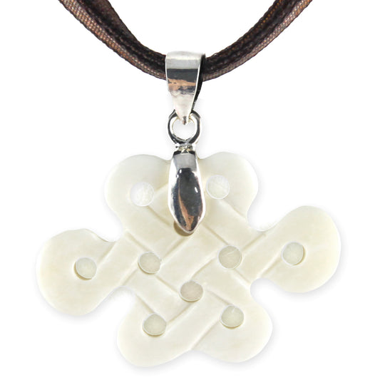 Hand Carved Small Good Luck Knot Pendant - Bone Pendant - Brown Ribbon Necklace – Evolatree Jewelry