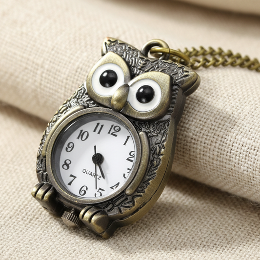 Brass Locket Watch Necklace - Owl Quartz Pendant