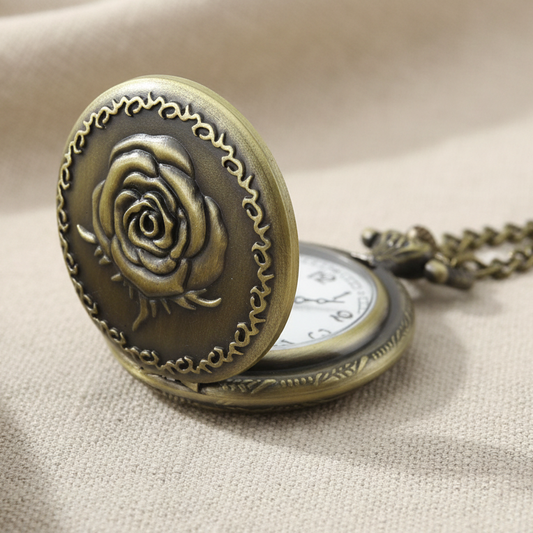 Brass Locket Watch Necklace - Rose Flower Quartz Pendant
