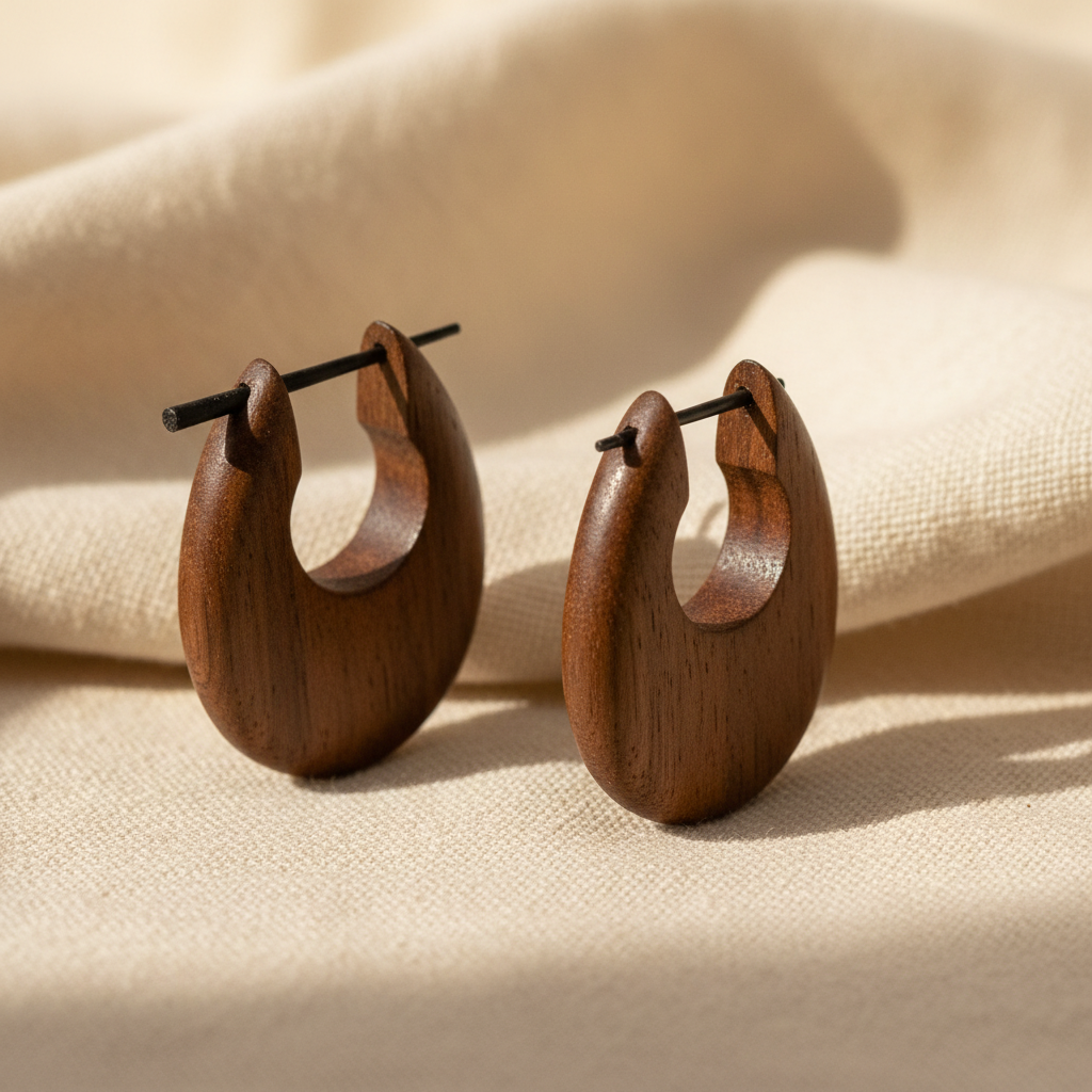 Hand Carved Horn Wood Hoop Earrings