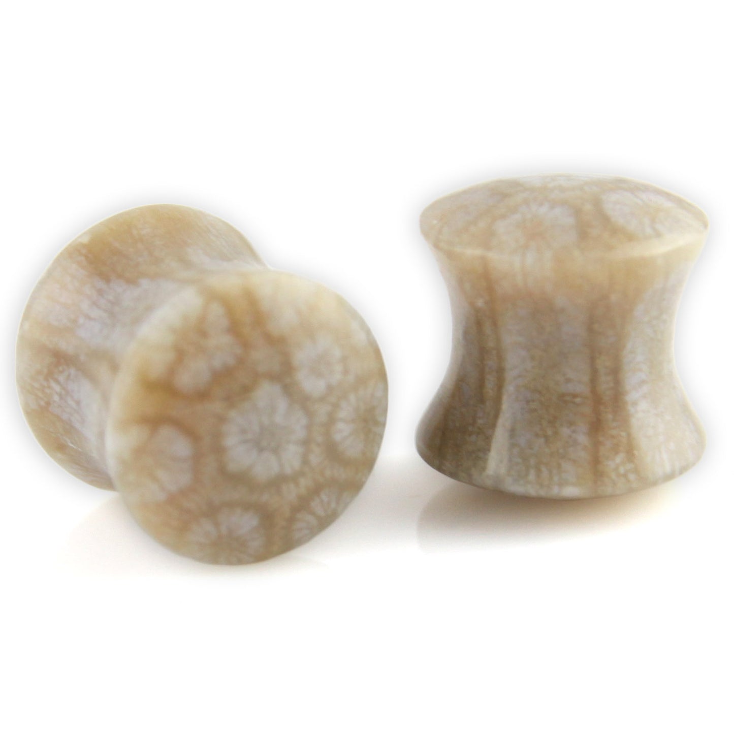 Hand Carved Fossilized Coral Ear Plugs - Violet Musk and Iridescent Tan - 11mm / 000g – Evolatree Jewelry