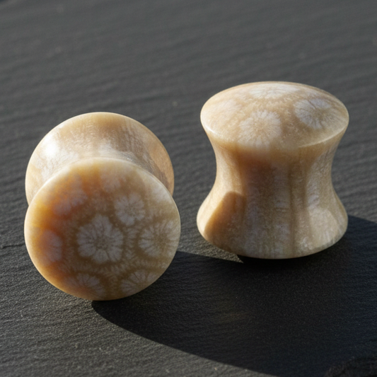 Hand Carved Fossilized Coral Ear Plugs - Violet Musk and Iridescent Tan - 11mm / 000g