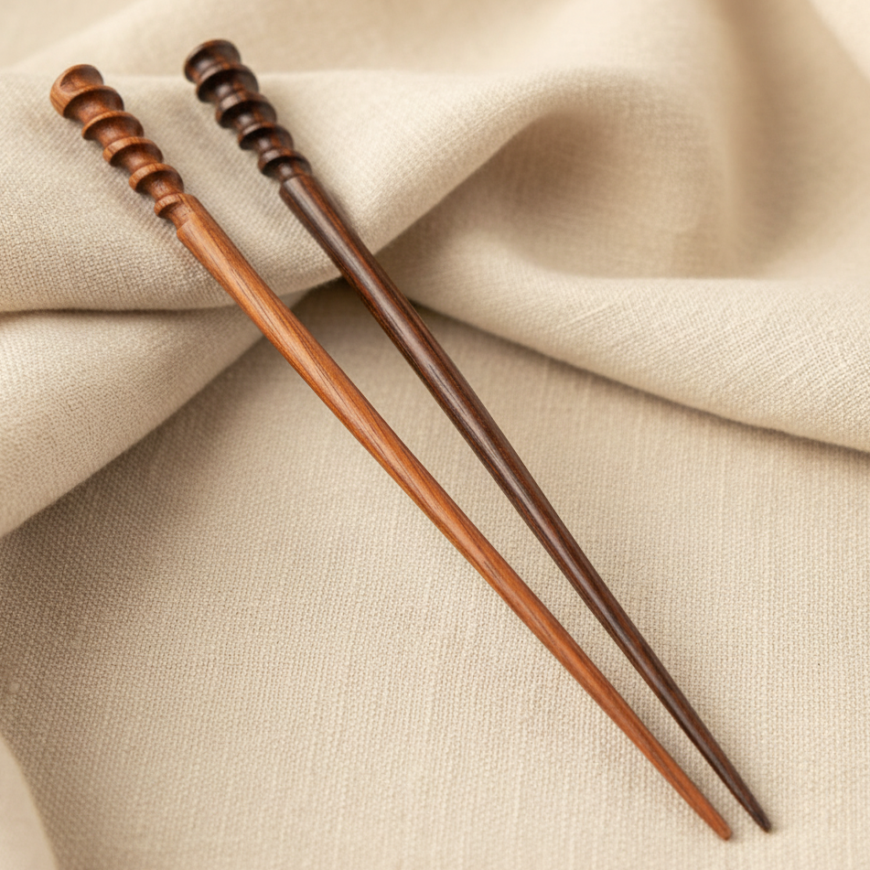 Natural Hair Pin Chopsticks - Pair of Spiral Hair Sticks for Women and Men - Hand Carved Wood Styling Pin Set - Fine Cut Spiral - 7.5 Inches Long