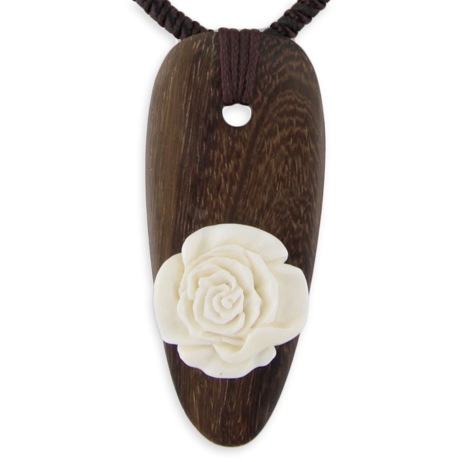 Hand Carved Bone Rose on Wood Spear Head Pendant Necklace – Evolatree Jewelry
